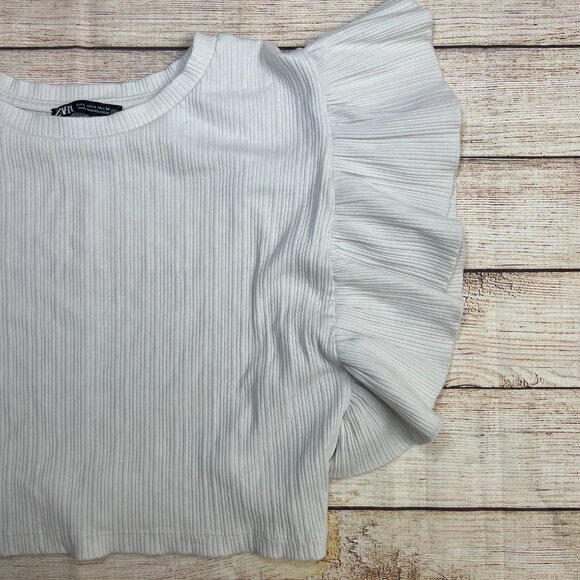 Zara White Ribbed Ruffle Dramatic Pleated Sleeve Crop‎ Top Blouse Size Large - Picture 4 of 6